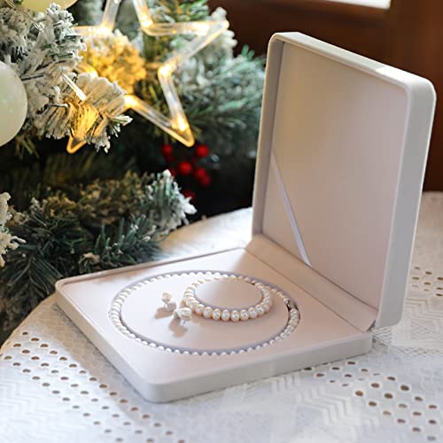 Aoovoo Genuine Freshwater Cultured Pearl Necklace For Women Girls, 9-10Mm White Pearl Necklace And Earrings Set 3Pcs In Aaa Quality, Mothers Day Birthday Valentine's Day Gifts, Luxury Box #TOP3