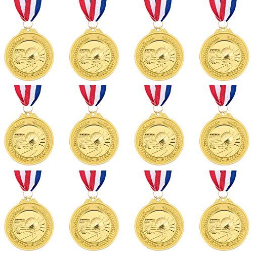 12 Pieces Basketball Medals Sports 2 Inch Metal Gold Award Medals with Neck Ribbon