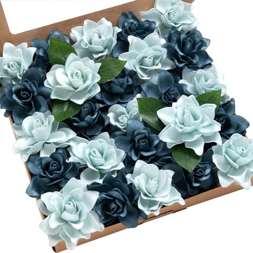 Ling's moment Blue Gardenia Artificial Flowers with Stem, 25pcs