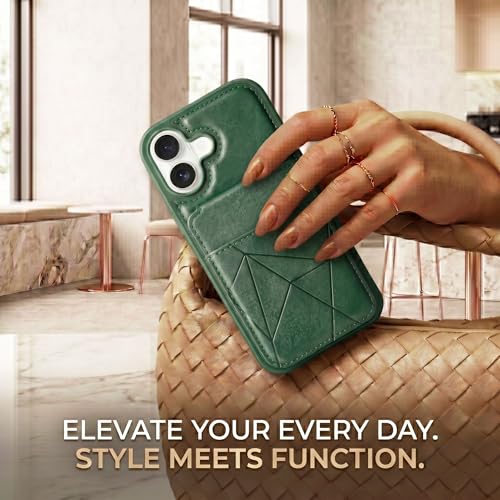 Image of amazon basics Premium Vegan Leather Back Cover with Card Holder and Integrated Mobile Stand for iPhone 16 - Slim Shockproof Wallet Case with Geometric Stitching [Green]