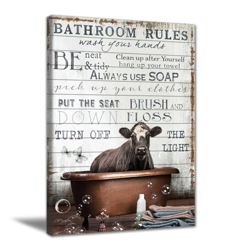 Image of Cow Bathroom Canvas Wall Decor Rustic Bathroom Rules Prints Sign Wall Art Black And White Cow In The Bathtub Pictures Wall Decor Poster Funny Cow Wall Art Humor Animals Artwork Prints 16x24in No frame