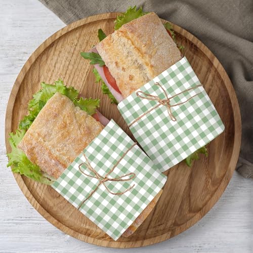 Papel encerado verde salvia a cuadros para sándwiches y picnic, impermeable y antigrasa, 150 uds 5