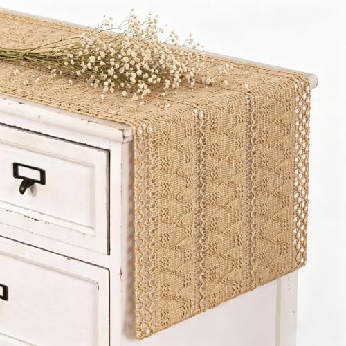 Image of MLMC Burlap Boho Table Runner Farmhouse Burlap Jute Table Runner 90 inch Long Rustic Woven Table Centerpiece Decor for Dinning Kitchen Wedding Bridal Shower Eveyrday Use 12x90 Inch
