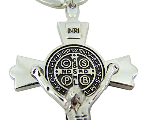 Silver Toned with Black Enamel Accent Saint Benedict Crucifix Key Chain, 3 Inch