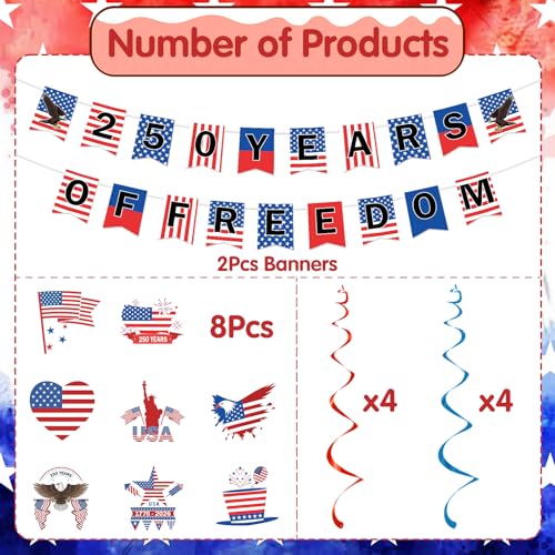 Image of Gameza 250 Anniversary party Decorations - 10 pcs 250 Years of Freedom Banner Hanging Swirls Decorations, Red White and Blue Fourth of July USA Party Decor Supplies