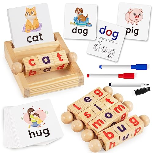 Daboot Montessori Toys for Toddlers 3 4 5 Years Old Wooden Reading Writing Blocks Flash Cards CVC Sight Words Toy for Kids Educational Alphabet Learning Toys