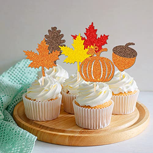 48 Pcs Thanksgiving Cupcake Toppers Fall Cupcake Toppers Thanksgiving Cake Decorations Happy Thanksgiving Cake Topper Leaf Cupcake Topper #TOP3