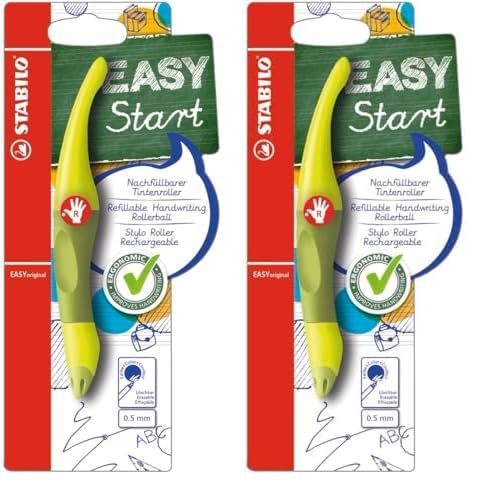 STABILO - Ergonomischer Tintenroller für Rechtshänder - EASYoriginal in limone/grün - 2x - blau (löschbar) - inkl. Patrone