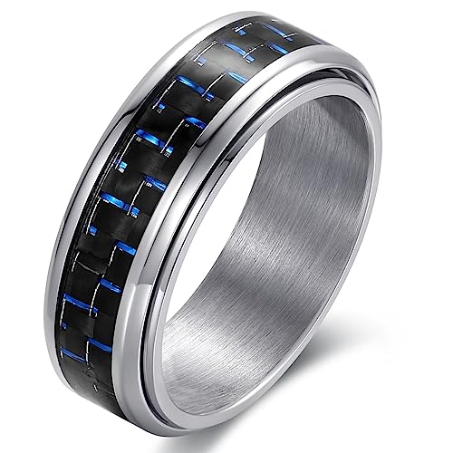 8mm Spinner Black/Blue/Silver Carbon Fiber Ring Black Spinner Anxiety Fidget Carbon Fiber Ring Wedding Band Stainless Steel Polished Finish Comfort Fit