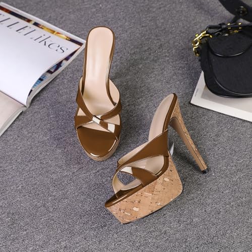 Image of Esvowido Heeled Mules for Women Cork Platform Stiletto Heels Slip on Open Toe High Heeled Sandals Crisscross Slippers Pumps Shoes