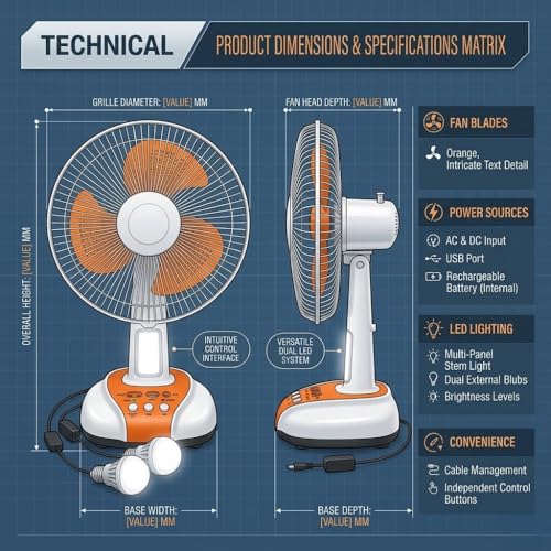 Image of Lapras 𝟏𝟓 𝐘𝐞𝐚𝐫𝐬 𝐖𝐚𝐫𝐫𝐚𝐧𝐭𝐲 12 Inch Rechargeable Table Fan with LED Light, Battery Powered Fan with 3 Speed Control & Oscillation, USB Rechargeable Fan for Home and Office.