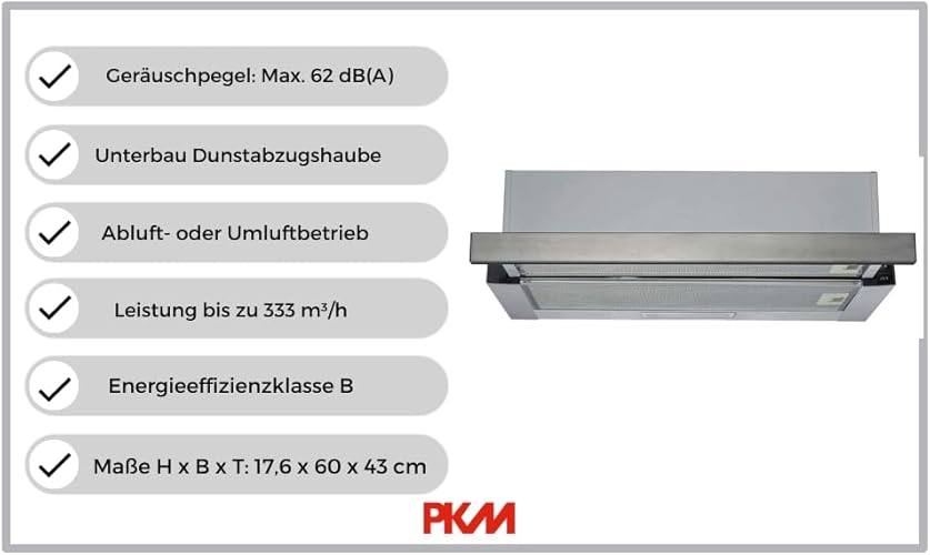 Bild 4 - PKM UBH6002-2H Unterbauhaube | Dunstabzugshaube | Silber Design | 60cm Breite | Abluft | Umluft | LED-Beleuchtung | Ausziehbar | 333 m³/h Luftstrom