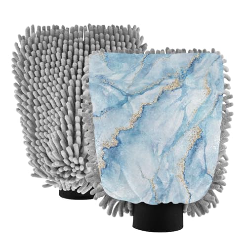 Hezely White Blue Marble Car Wash Mitt, 2PK Scratch Free Lint-Free for Car Washing and Detailing