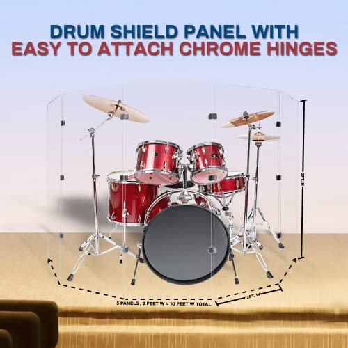 Pennzoni 5Ft Drum Shield W/Chrome Hinges, Comes W/ 5 Drum Panels, & 12 Chrome Hinges, Premium Clear Acrylic Panels, Drum Screen #TOP5