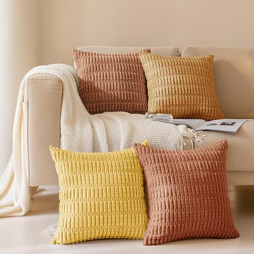 Softalker Fall Throw Pillow Covers 20x20 Inch, Set of 4, Corduroy Soft Striped Farmhouse Boho Pillow Cover, Modern Decorative Cushion Pillow Case for Couch Sofa Bedroom Living Room(Fall Color)