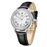 TIME100 Montre Automatique pour Femme avec Bracelet en Cuir et Cristaux - Étanche - Multifonction - Double Cadran