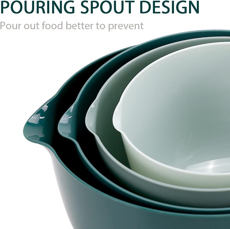 BoxedHome Green Ombre Nesting Plastic Mixing Bowl Set With Pour Spout, Microwave and Dishwasher Safe, BPA free Non-Slip Base, Set of 4 Size 1.7, 2.5, 3.5 and 4.5qt, Great for Prepping, Baking, Cooking - Image 4