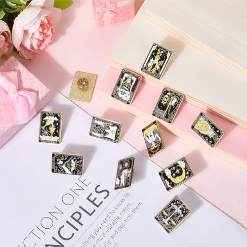 Image of SUNNYCLUE 1 Box 12Pcs 12 Styles Tarot Card Enamel Pin Constellation Brooch Black Gold Metal Zinc Alloy Divination Themed Moon Star Sun Lapel Pins Set for Backpacks Bags Clothing Decor Accessories