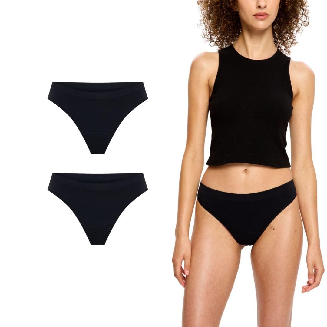 Modibodi Women's Black Period Underwear Seamfree Soft Stretch Thong 2 Pack Light Absorbency 20Ml Leakproof Invisible No Vpl Reusable Period Pants - Xl/20-22