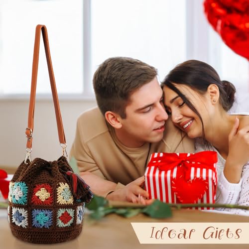 Image of Noocro Crochet Kit for Advanced or Intermediate Beginner DIY Granny Square Bucket Bag, Purse with Step by Step Tutorial Video and Detailed Instruction Complete Kit Craft Holiday Gift (Chestnut)