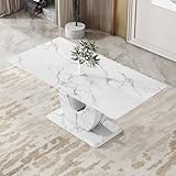 71" Modern Faux Marble Dining Table for 6–8, White Rectangle Kitchen Table with Sturdy Pedestal Base, Scratch Resistant Tempered Glass Tabletop, Large Dining Room Table for Home, Apartment, Kitchen