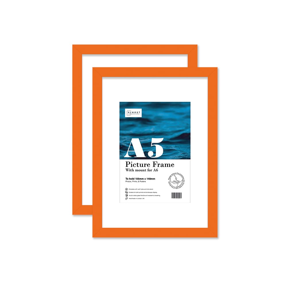 Almost Frameless A5 Orange Picture Frame Set of 2, Display A6 Pictures with Mount or A5 Without Mount Gallery Wall, Poster, Photo, Artwork, or Print, Orange