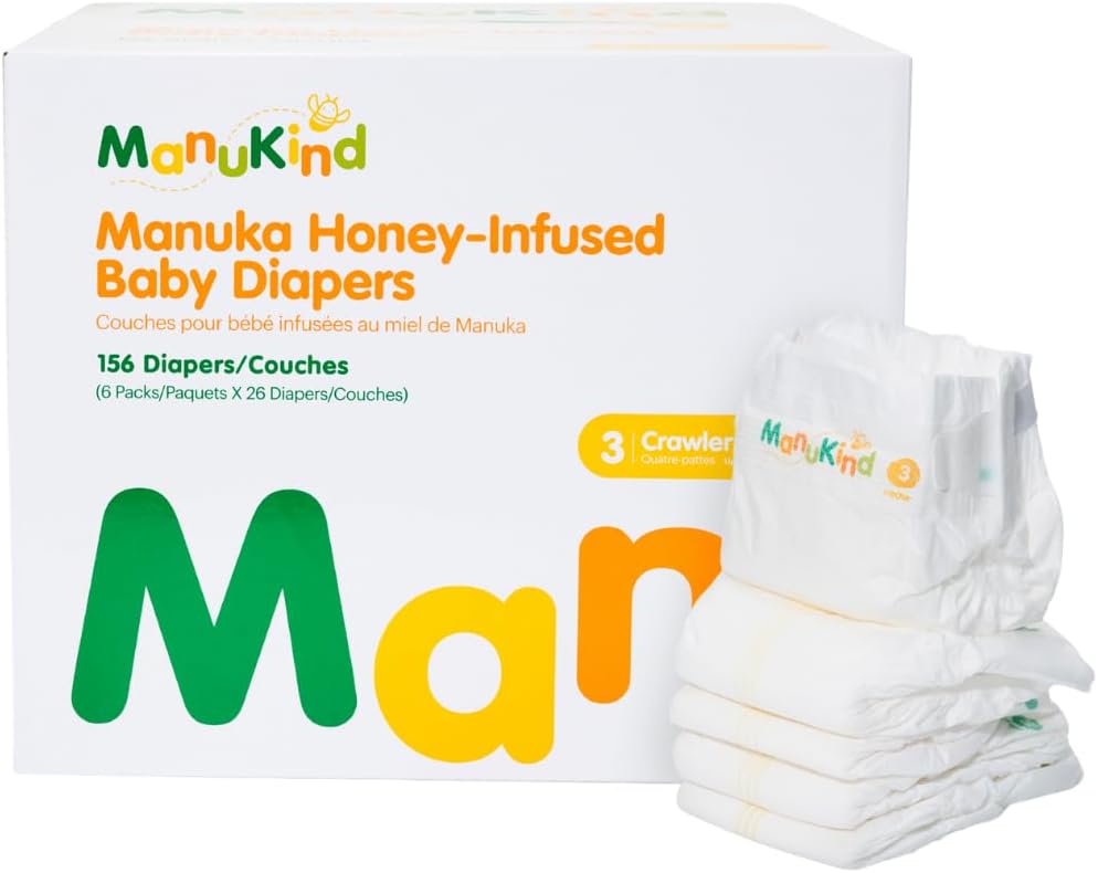 ManuKind Baby Diapers, Manuka Honey Infused, Ultra Soft, Plant-Based Materials, Quick-Dry Comfort, Leak Guard Protection, Size 3 – 156 Diapers (6 Packs of 26)