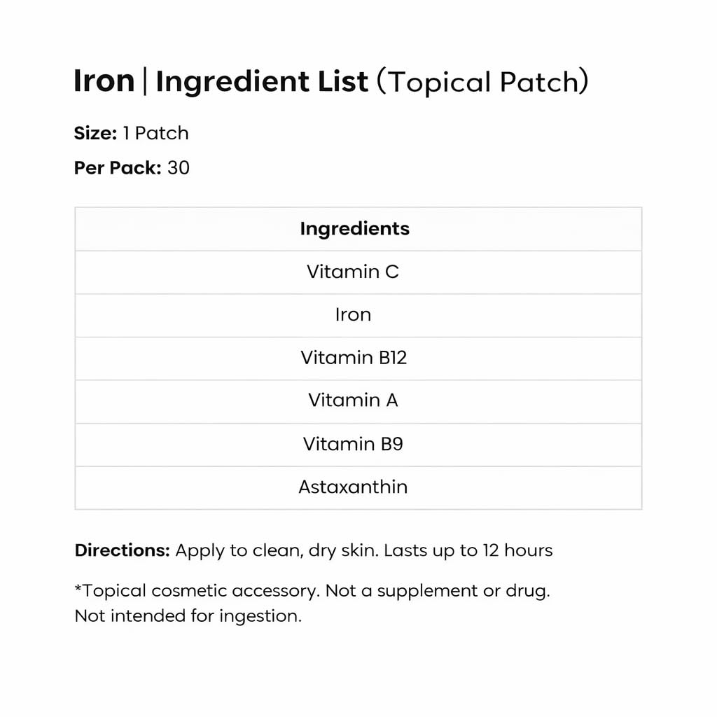The Patch Remedy Iron Patch | Iron Bisglycinate, Vitamin C, B9 (Methylfolate), B12, Beta-Carotene, Astaxanthin | 30 Patches — Amazon image 7
