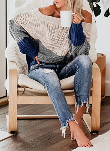 Image of VIMPUNEC Womens Oversized Sweater Color Block Off The Shoulder Pullover Sweaters Cable Knit Chunky Striped Tops B Blue