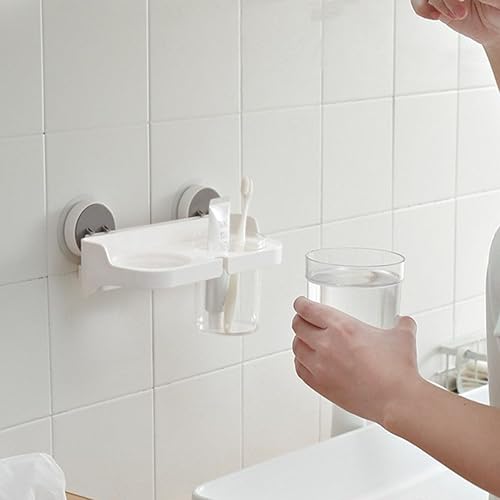 Miniatura 5 de Cetomo Soporte adhesivo de plástico para cepillos de dientes con 2 tazas extraíbles transparentes y orificio de almacenamiento de cable integrado