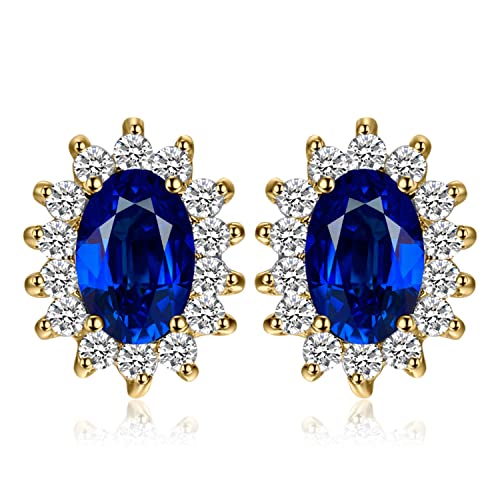 JewelryPalace Princess Diana Kate Middleton Class Gemstone Birthstone Cleated Sapphire Stud Earrings for Women, 14k Yellow Gold Plated 925 Sterling Silver Earrings for Women, Earings Set