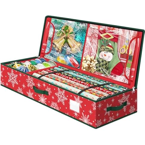 EverMerry Wrapping Paper Organizer Storage Container, Christmas Gift Wrapping Paper Storage Box for Paper Ornaments，Paper Storage Holder for Holiday Decoration Snowflake/Red Cover