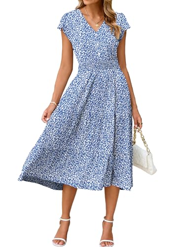 Image of BerryGo Women's Floral Boho Ruffle Summer Midi Dress Short Sleeve V Neck Empire Waist Swing Flowy Dress