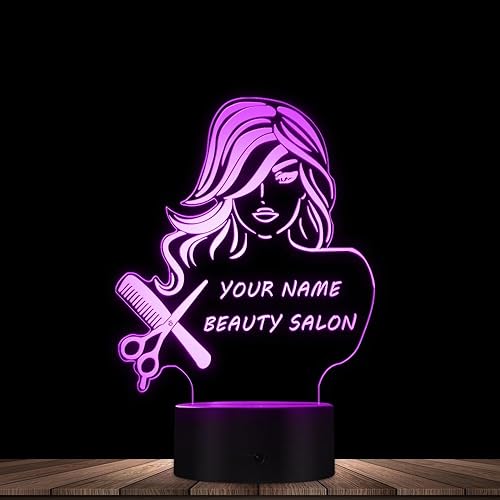 The Geeky Days Salón de belleza 3D LED noche luz peluquería peluquería tijeras peine mesa escritorio lámpara nombre personalizado diseño moderno