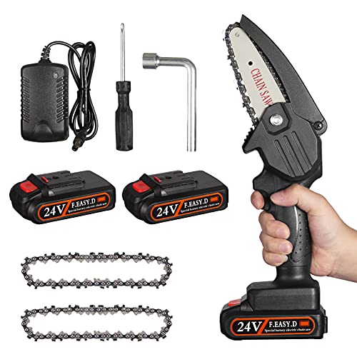 Kabandn Mini Chainsaw Cordless, Electric Portable Small Chain Saw 4 inch, Upgrade Handheld Battery Power Chainsaw 24V 2200 mAH for Wood Cutting Garden Pruning Tree Trimming (2 Batteries 2 Chains)