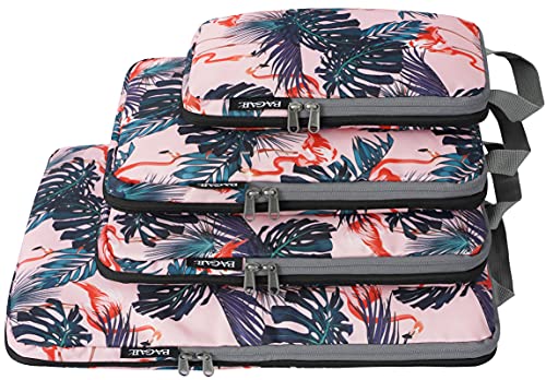 BAGAIL 4 Set Compression Packing Cubes Travel Expandable Packing Organizers(Pink Flamingos,4 Set）