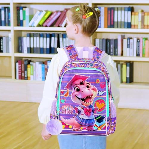 Image of AGSDON 3PCS Dinosaur Backpack for Girls, 16 inch Kids Backpacks with Lunch Box, Water Resistant Girl School Bookbag for Elementary