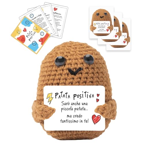 BWAY Patata Positiva Italiano con Omaggio 3 Card Motivazionali e 3 Stickers con Pupazzo Portafortuna Simpatico - Regalo Donna Compleanno - Peluche per Decorazioni Casa