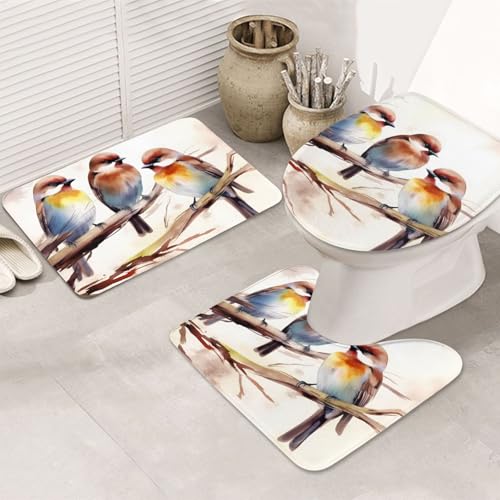木の枝で休む鳥 バスルームラグセット 3ピース、U字型トイレフロアマット+滑り止めマイクロファイバーバスマット+トイレ蓋カバーマット、ホームデコレーション用ソフト吸収バスラグカーペット