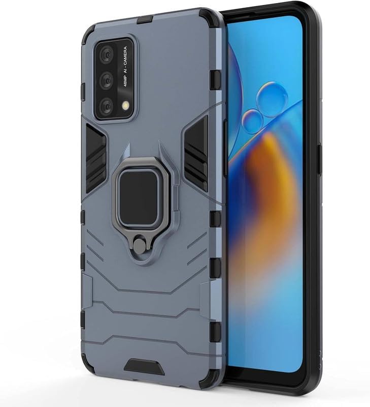 Image of FitSmart Protective Rugged Hybrid Robot Armor Hard Back Cover with Ring Kickstand Case for Oppo A55 4G - Blue