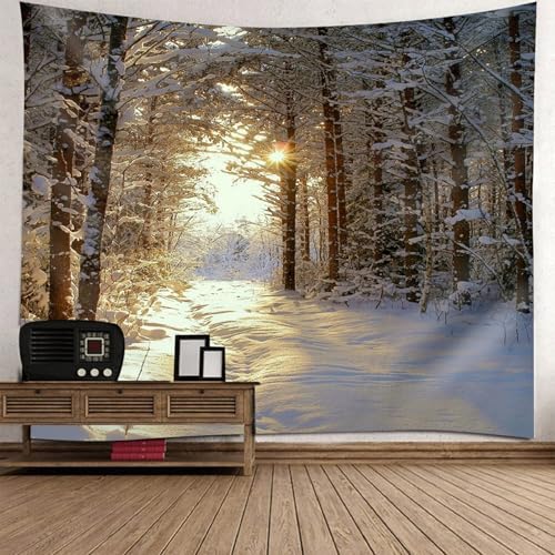 Décoration d'intérieur salon tapisserie paysage neige forêt grand format gris marron