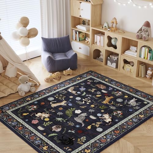 Area Rugs 8x10 Rug for Living Room Clearance Washable Boho Area Rug Non Slip Floral Animal Cat Vintage Low Pile Large Rug for Bedroom Farmhouse Dining Room Kids Playroom, Cobalt Blue
