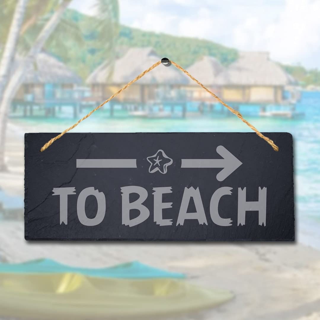 Stukk To Beach Right Way Arrow Laser Hanging Ocean Sea Sign, Natural Engraved Slate Stone Plaque, 30x12cm (Large)