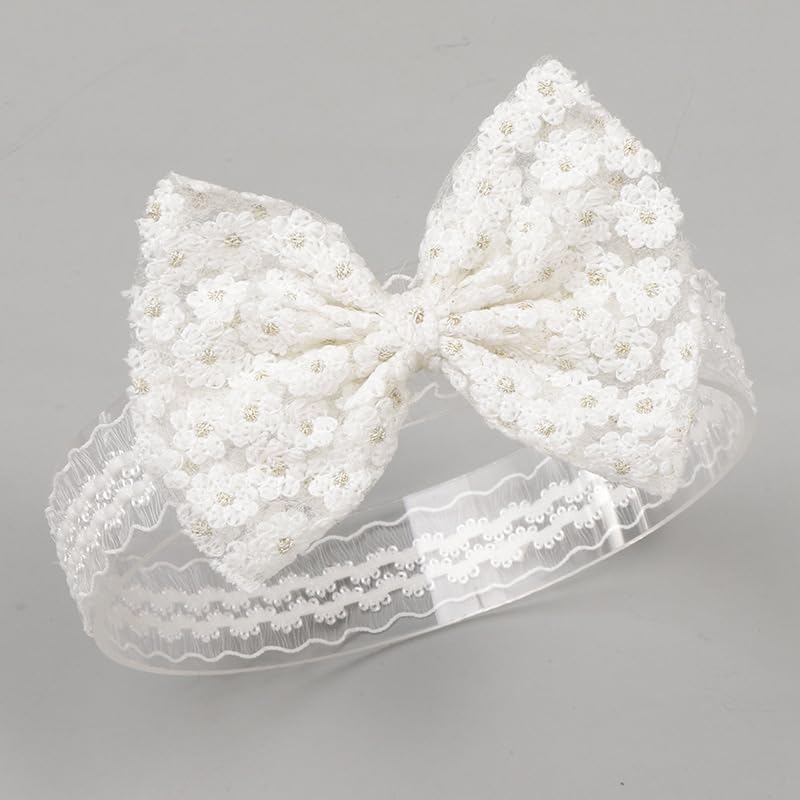 Baby Girls Bow Lace Headband Cute Soft Hairband White Butterfly Knot Headbands for Newborn Infants Toddlers Kids Christening Baptism Birthday Party Hair Accessories(White flower bow) - Image 6