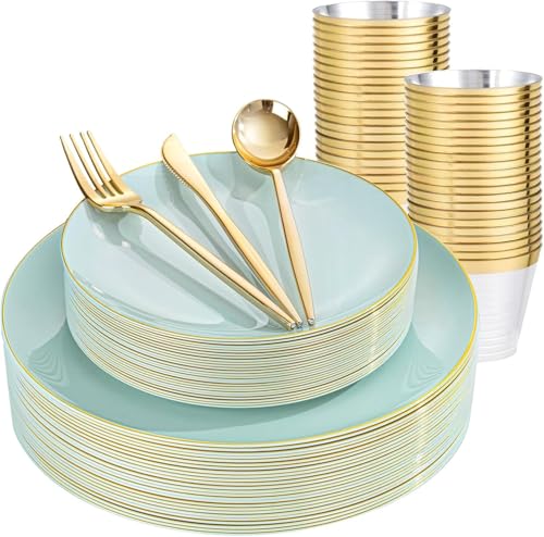 bUCLA 150PCS Green Plastic Plates - Sage Green with Gold