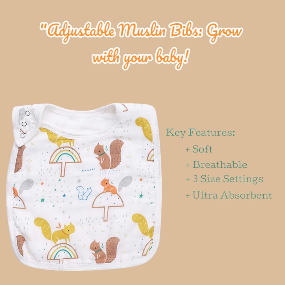 Muslin Swaddle Blanket Set for Baby – 4-Piece Newborn Essentials with Swaddle, Burp Cloth & Bibs, Soft Breathable Receiving Blanket, Squirrel