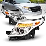 AmeriLite for 2011-2015 Ford Explorer LED Tube Signal Projector Chrome Replacement Headlight Pair - Driver and Passenger Side
