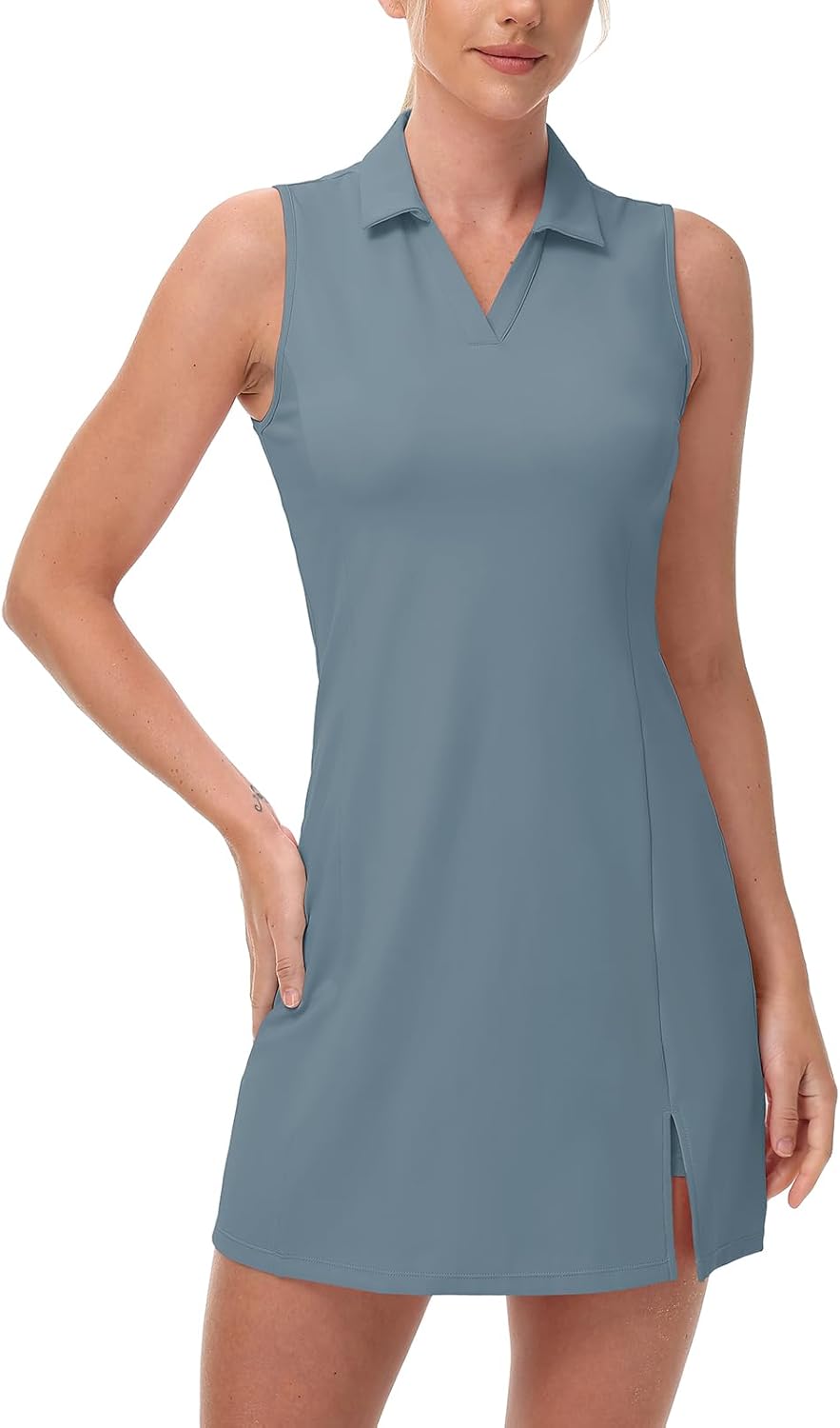 BGOWATU Women's Tennis Dress Sleeveless Collared V Neck Golf Polo Dress Side Slit Sports Dress with Shorts and Pocket