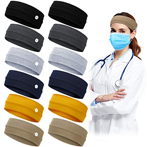 12 Pieces Headbands Elastic Yoga Sports Hairbands Button Stretch Head Wrap Ear Protection Holder Hair Band for Nurses Doctors and Everyone, 2 Styles
