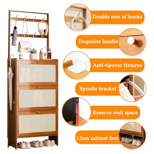 Scarpiera sottile in bambù con 3 cassetti pieghevoli, 70 cm, elegante design rattan, soluzione salvaspazio per la casa, elegante tagliascarpe con ante